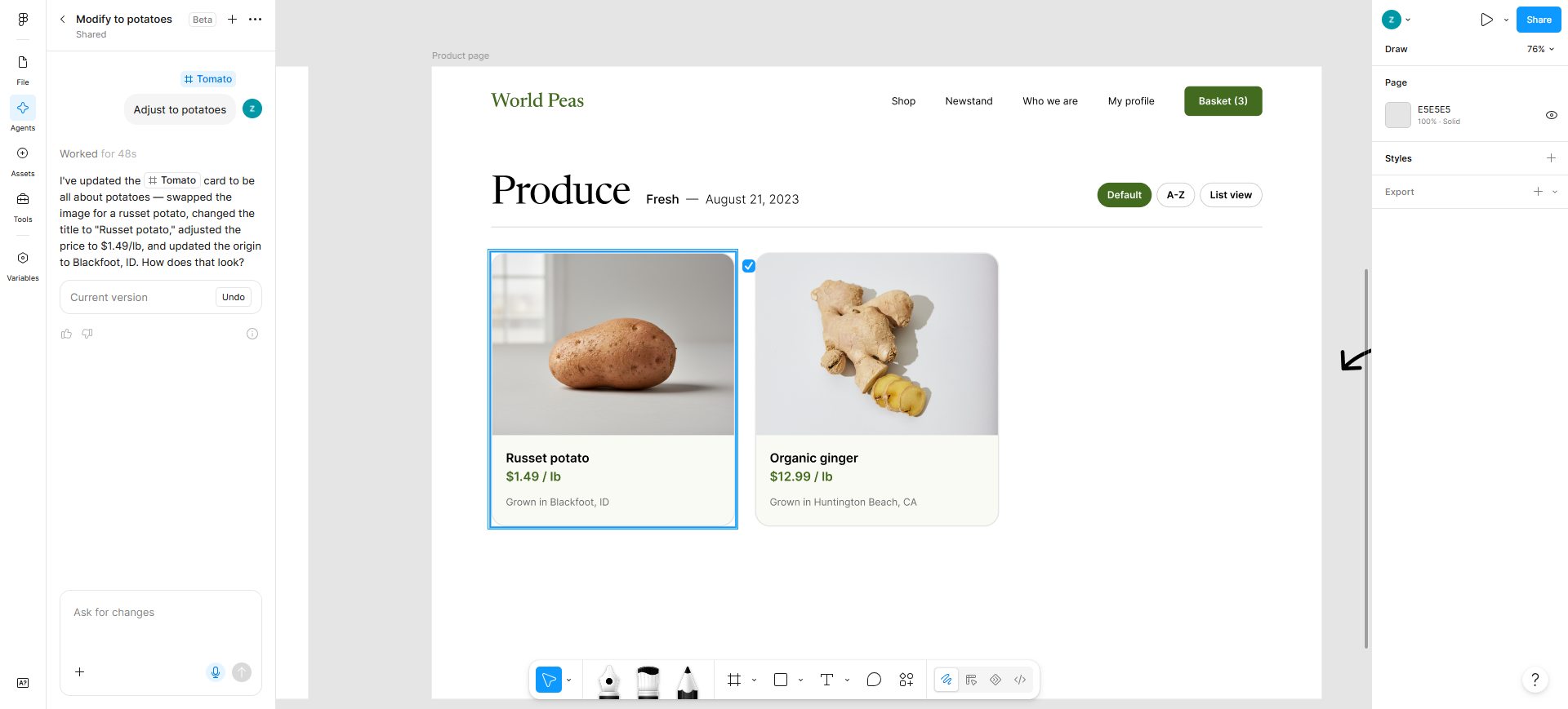 Figma AI editing product UI on the shared canvas