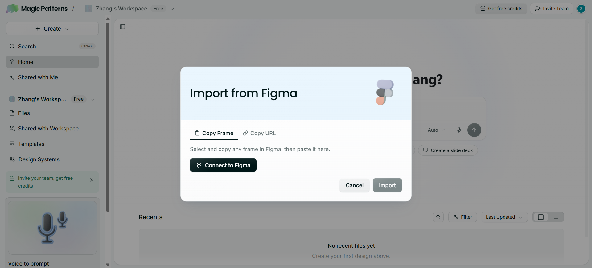 Magic Patterns Import from Figma dialog with Connect to Figma