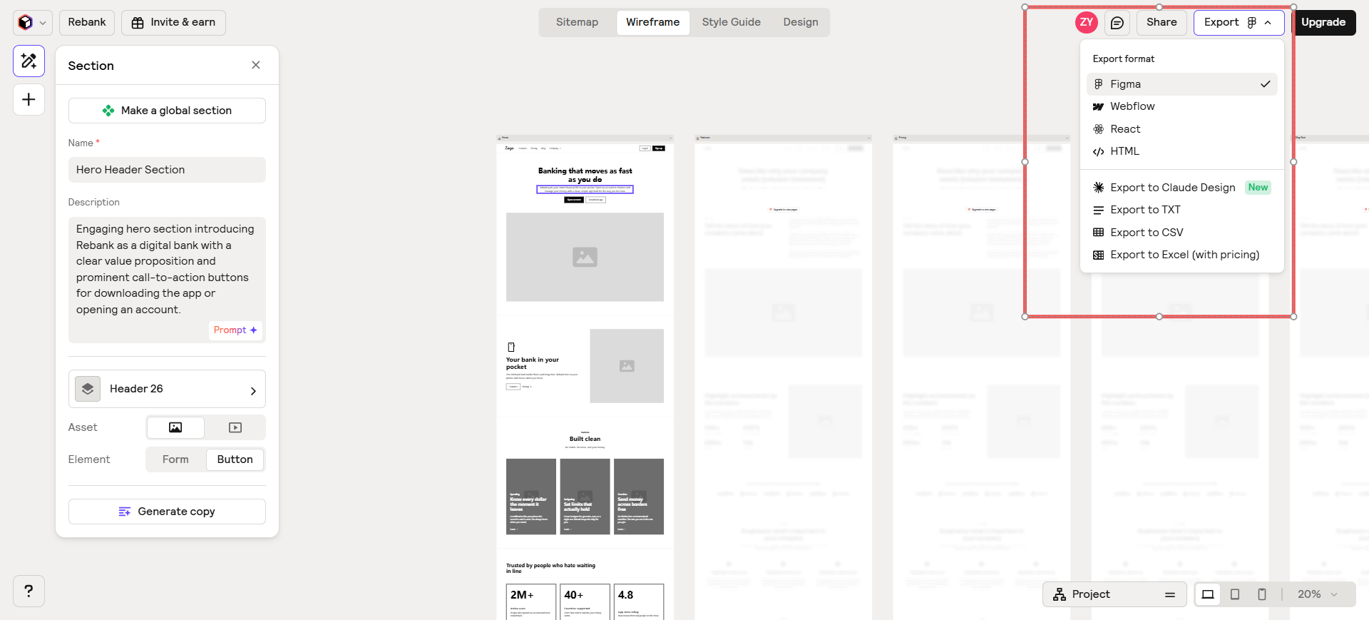 Relume wireframes with Export to Figma as the landing path
