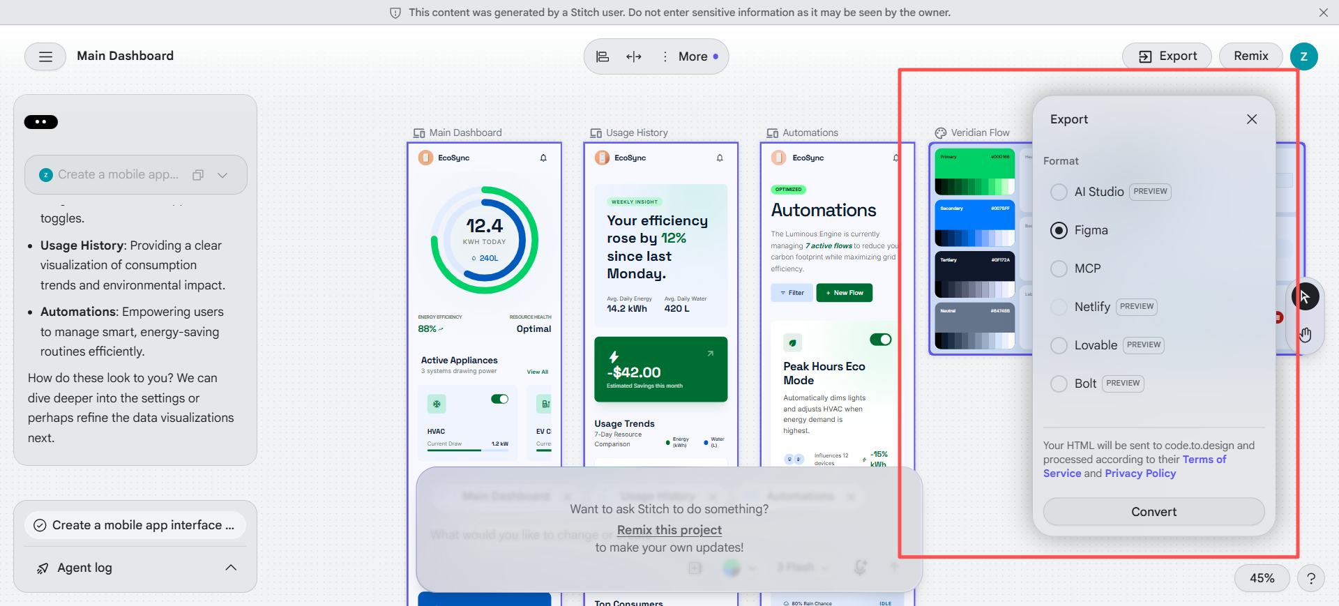 Google Stitch hi-fi UI concepts with a path toward Figma