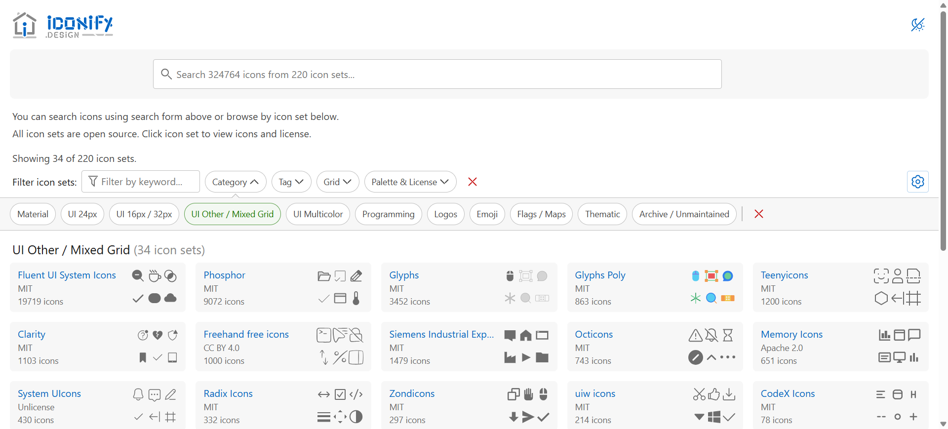 Iconify: open-source UI icon sets with per-set licenses (MIT)