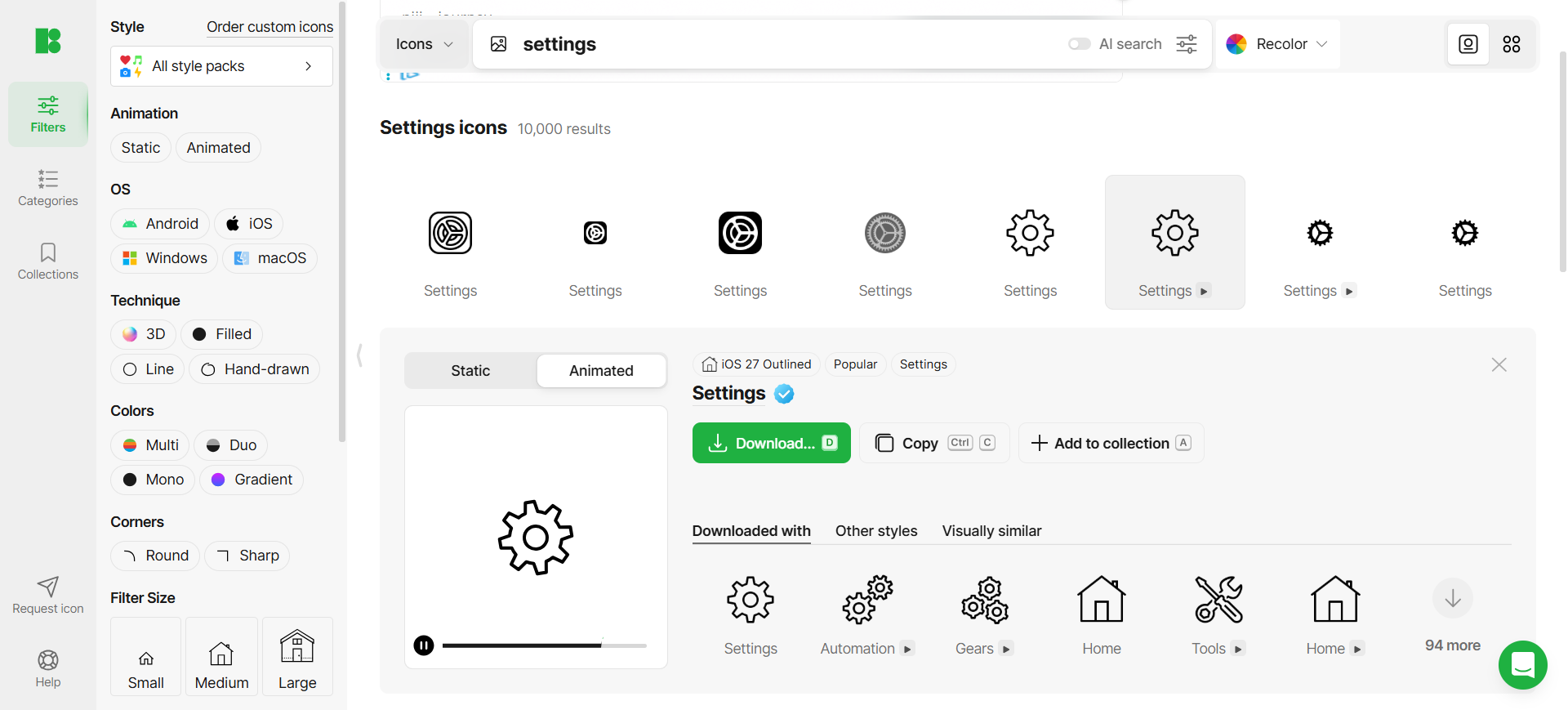 Icons8 library: settings search, iOS 27 Outlined pack, Download
