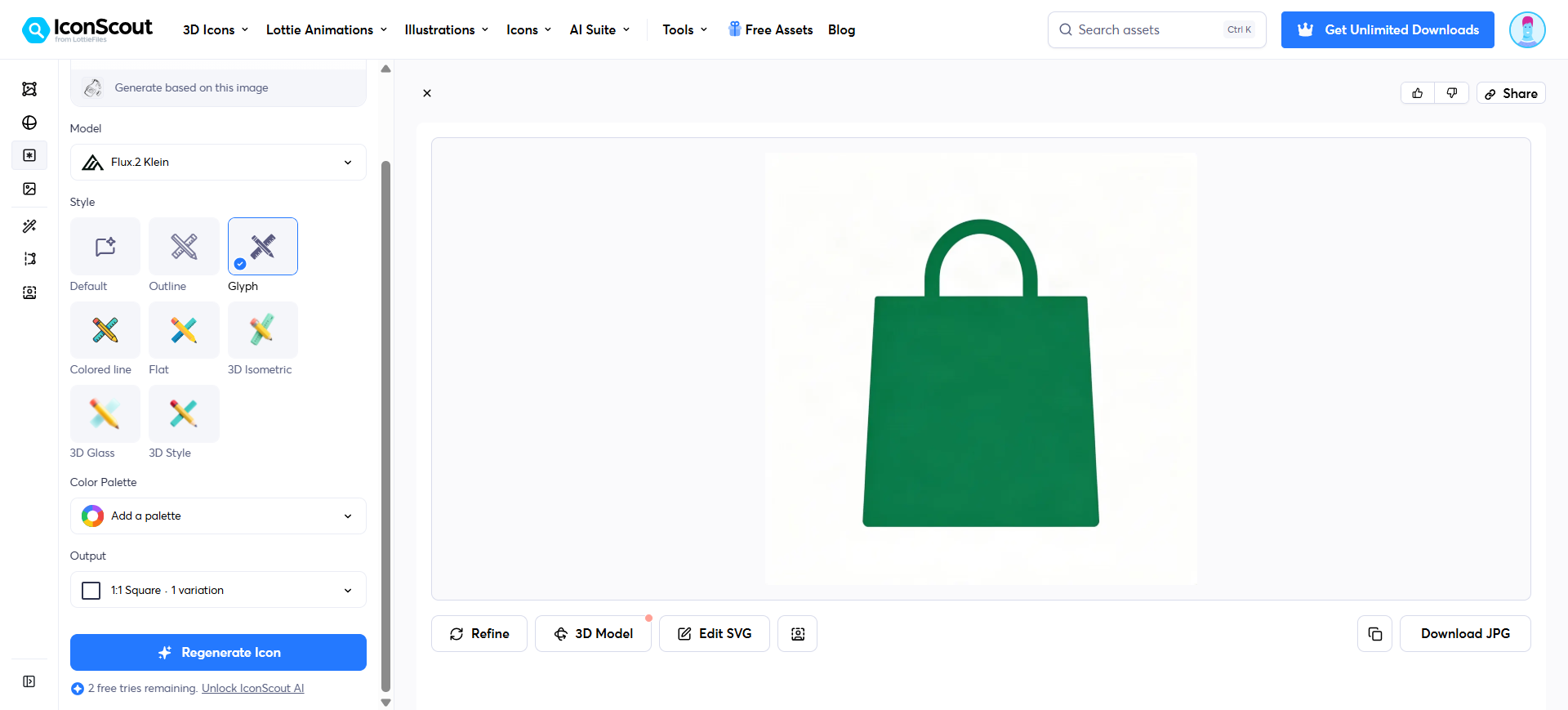 IconScout AI icon generator: Glyph style, with Edit SVG