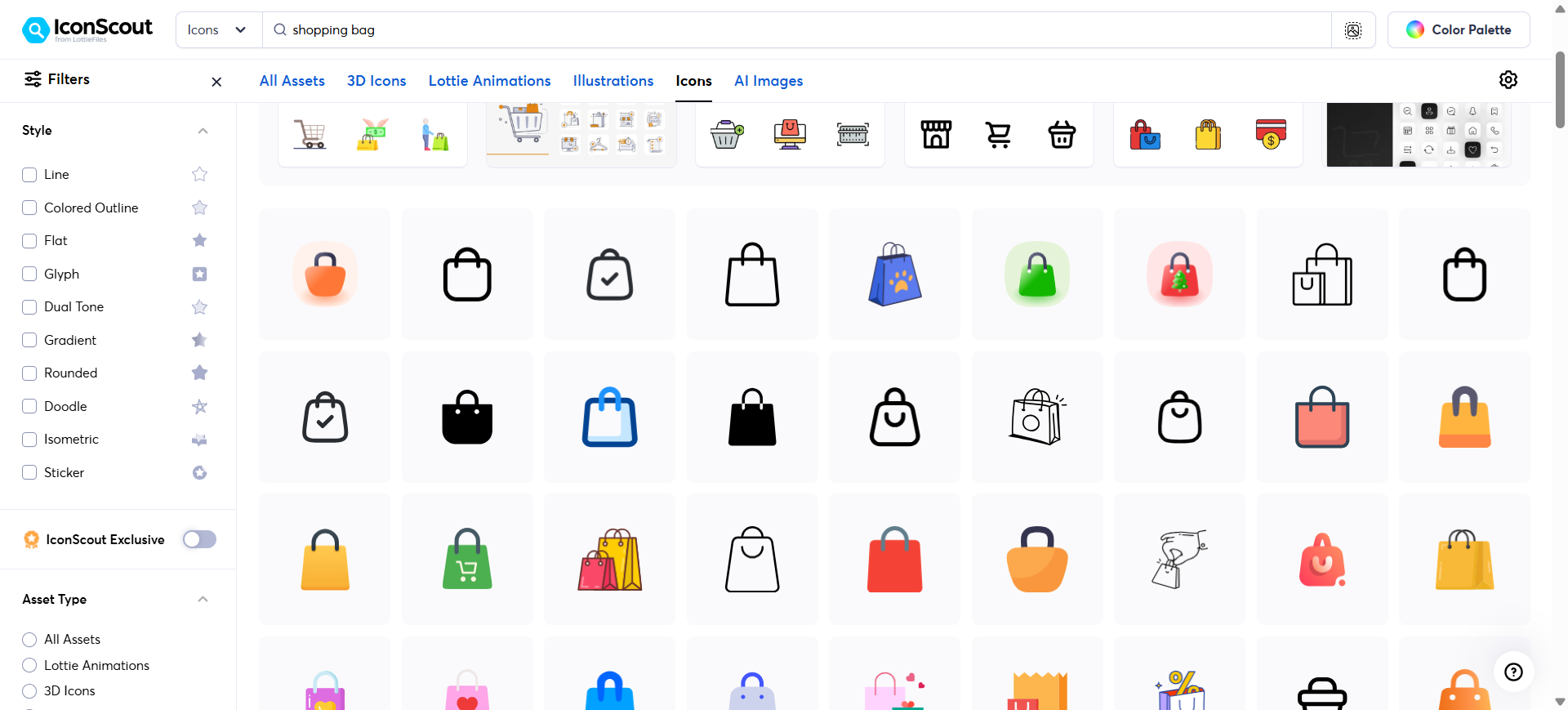IconScout Icons catalog search for shopping bag, with style filters
