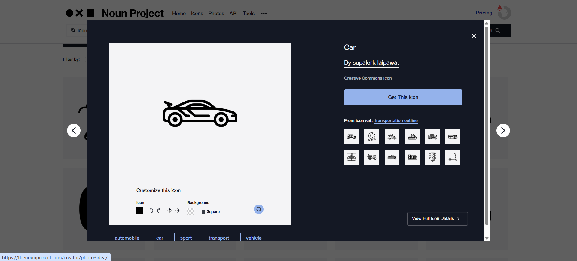 Noun Project: human-made Car icon, Creative Commons, Transportation outline set