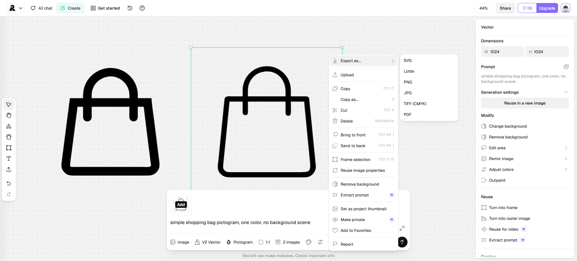 Recraft canvas: shopping-bag pictogram with Export as SVG