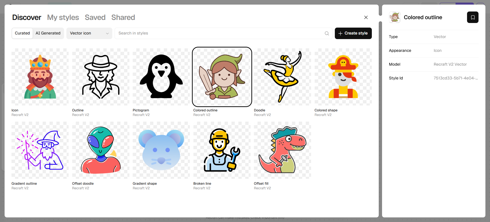 Recraft style library filtered to Vector icon (Icon, Pictogram, Colored shape)