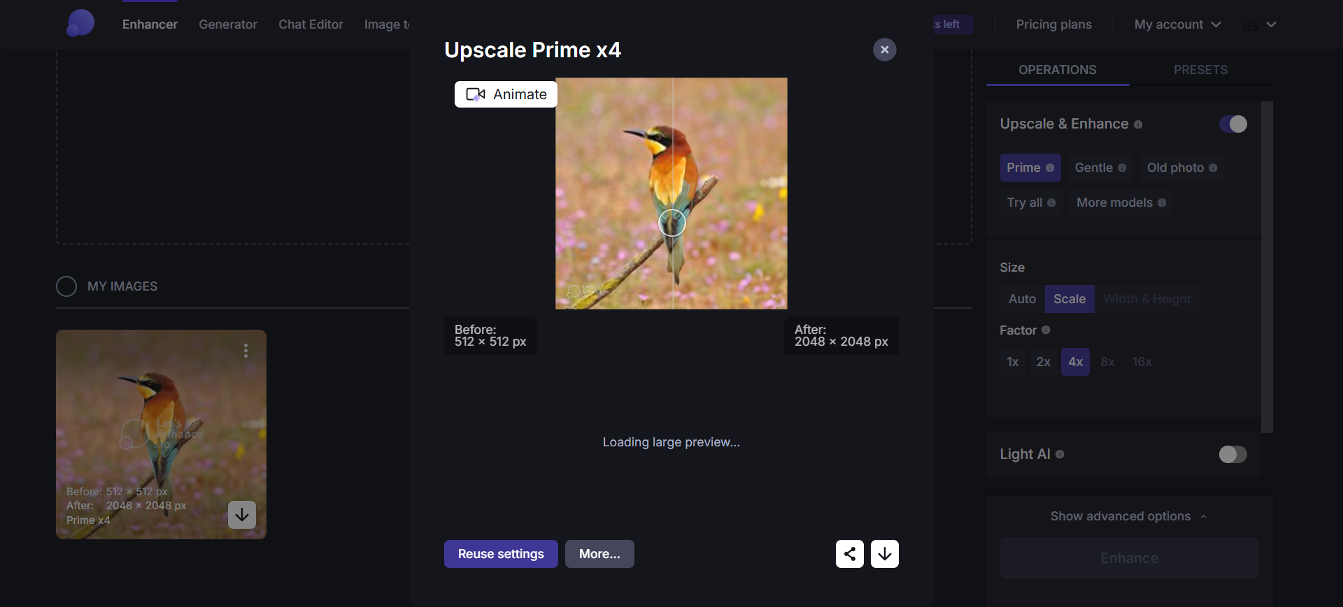 Let's Enhance Upscale Prime x4 with a before/after preview