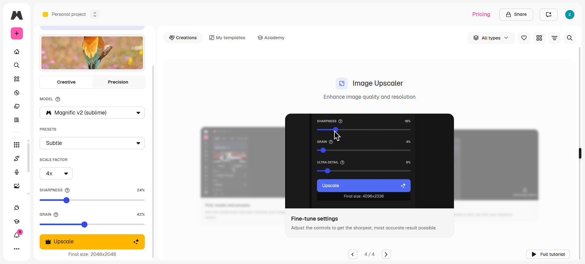 Magnific Image Upscaler in Creative mode with 4x scale and detail sliders