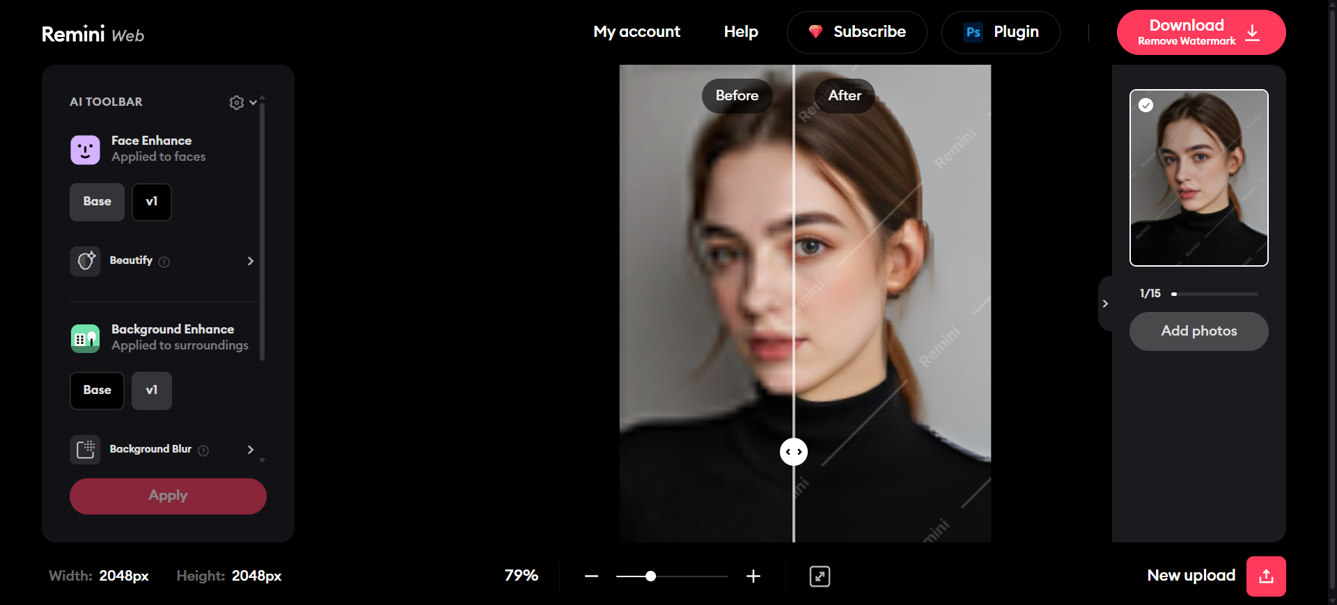 Remini Web portrait before/after with Face Enhance and a free-tier watermark
