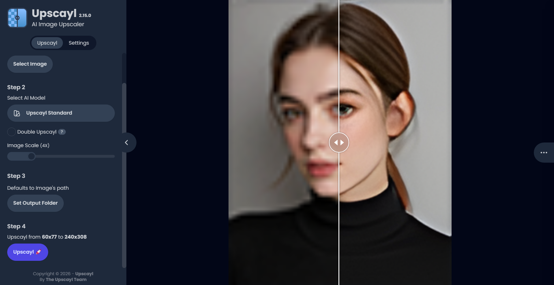 Upscayl desktop: 4x Standard model with a before/after comparison slider