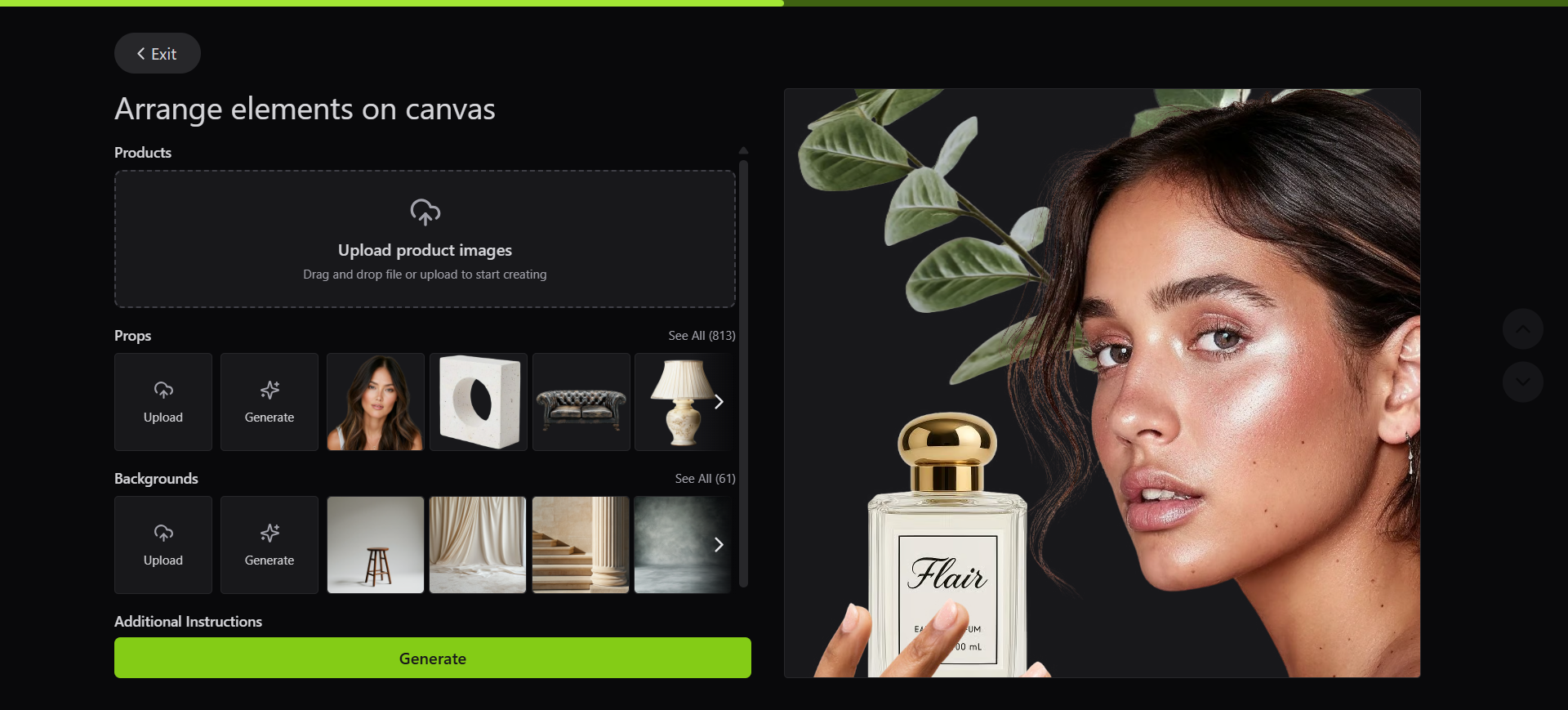 Flair canvas staging a product scene with props and Generate