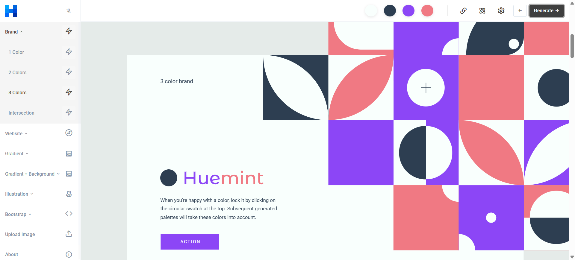Huemint Brand 3 Colors layout with role-based palette and Generate