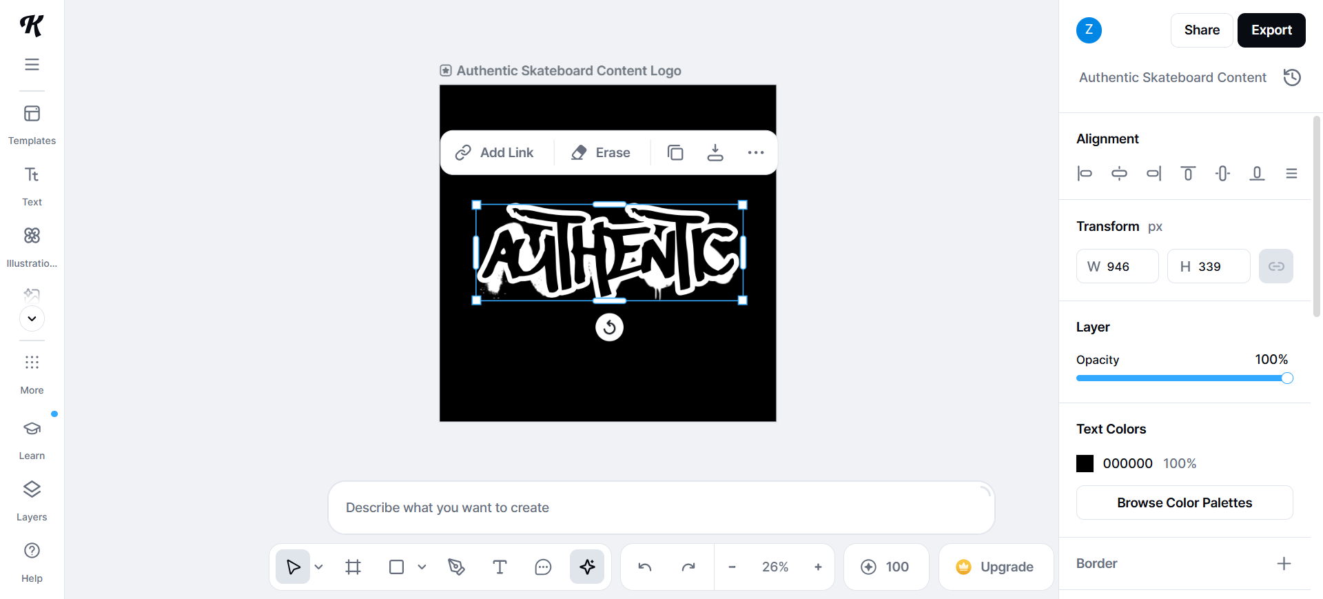 Kittl template canvas with a selected logo wordmark and export controls