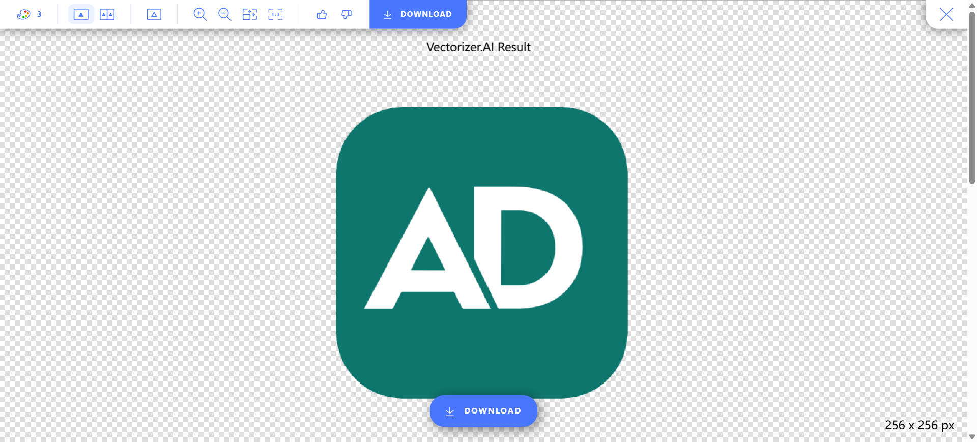 Vectorizer.ai Result preview of a traced mark with Download