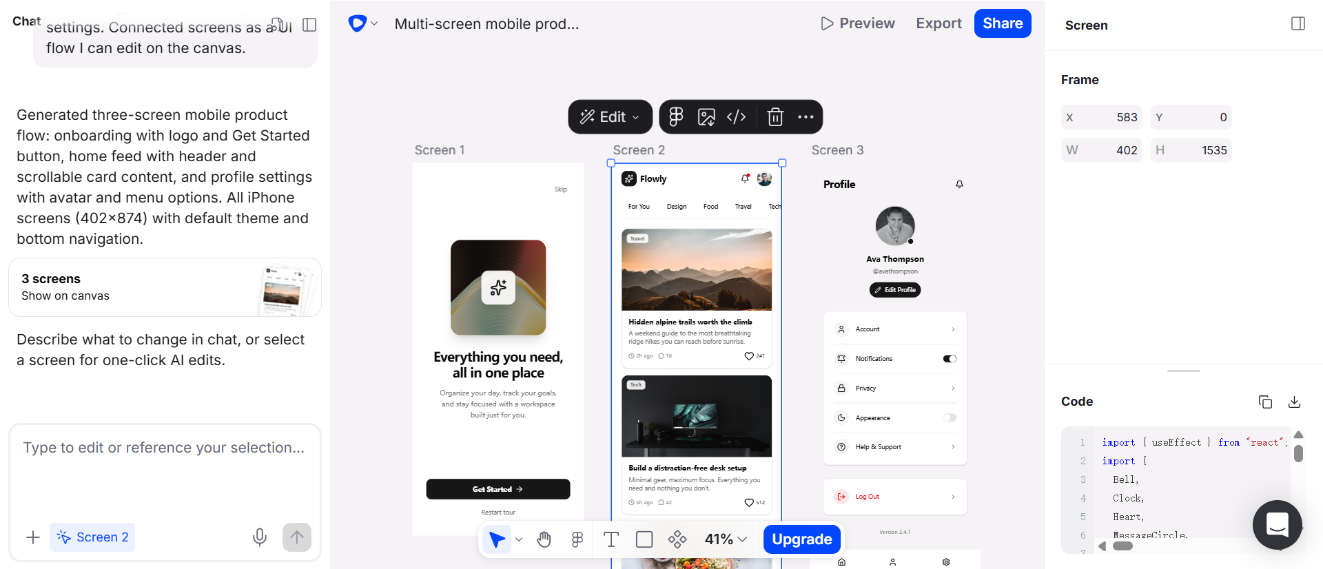Flowstep three-screen mobile product flow on the edit canvas