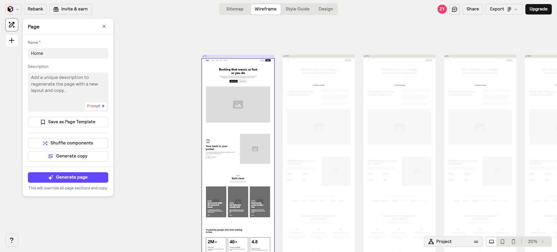 Relume marketing-site section wireframes with hero and feature blocks