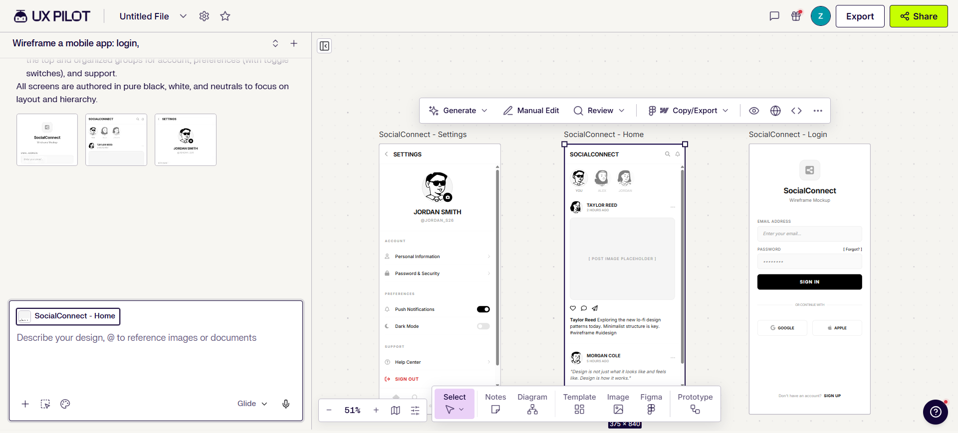 UX Pilot multi-screen lo-fi mobile wireframes for Home and Settings
