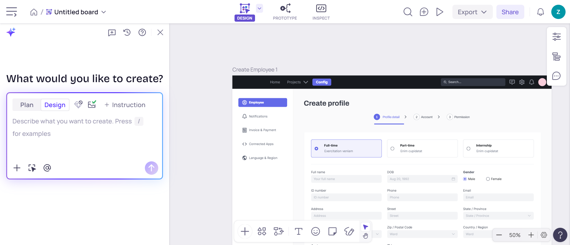 Visily workshop board with a hi-fi Create profile screen and AI panel