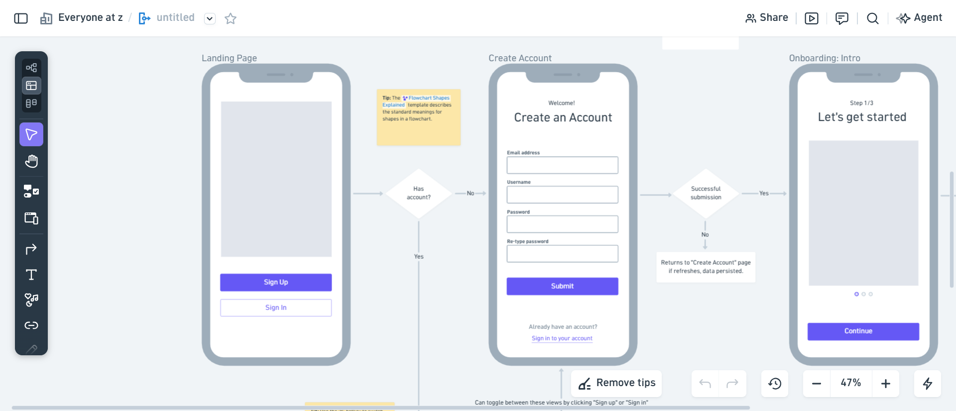 Whimsical wireflow with lo-fi mobile screens, decision nodes, and connectors