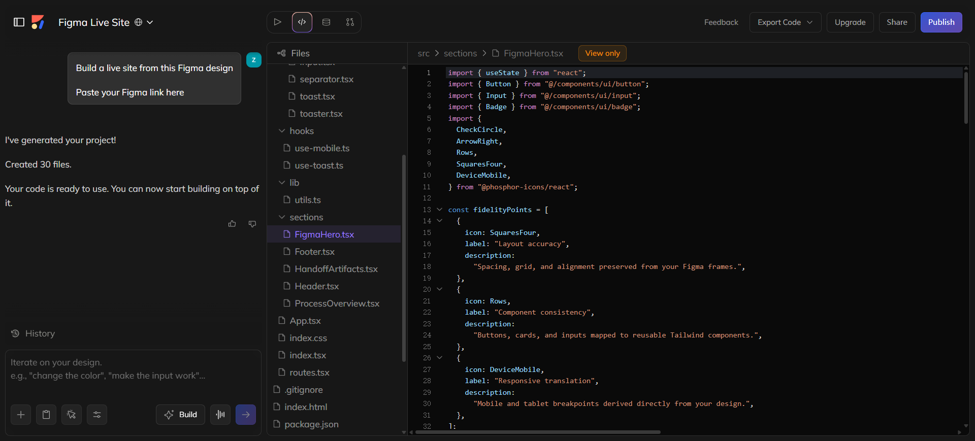Anima playground after Figma import: project files and FigmaHero.tsx code