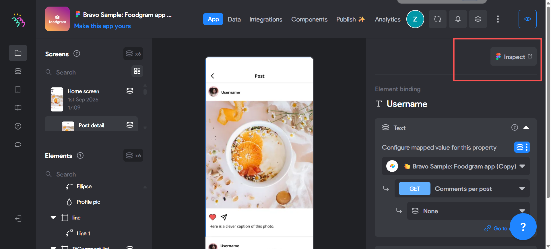 Bravo Studio Foodgram Post detail with Inspect open-in-Figma control highlighted