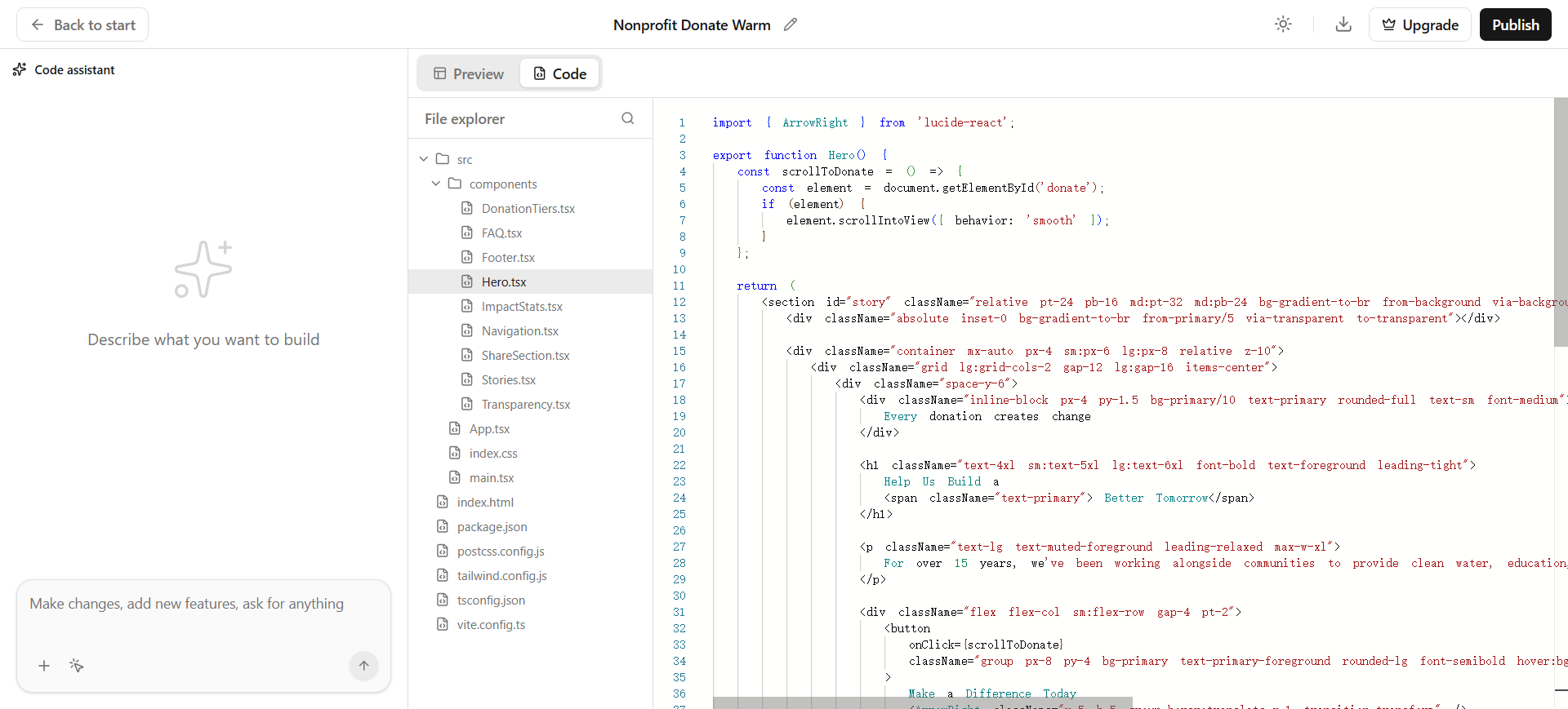 Codia AI Code view: component tree and Hero.tsx React output