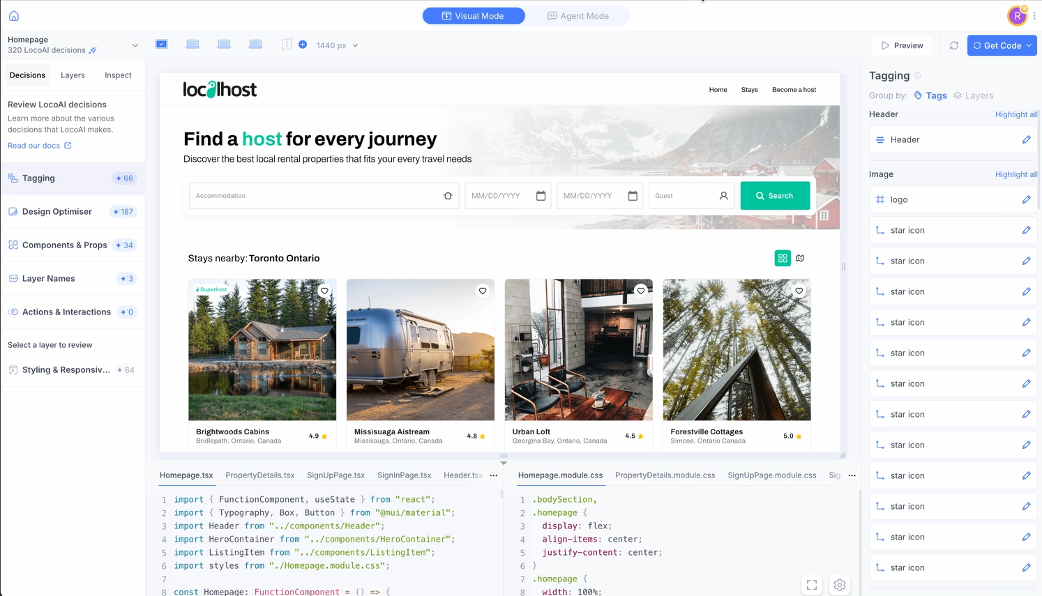 Locofy Lightning: visual preview above generated Homepage.tsx and CSS modules