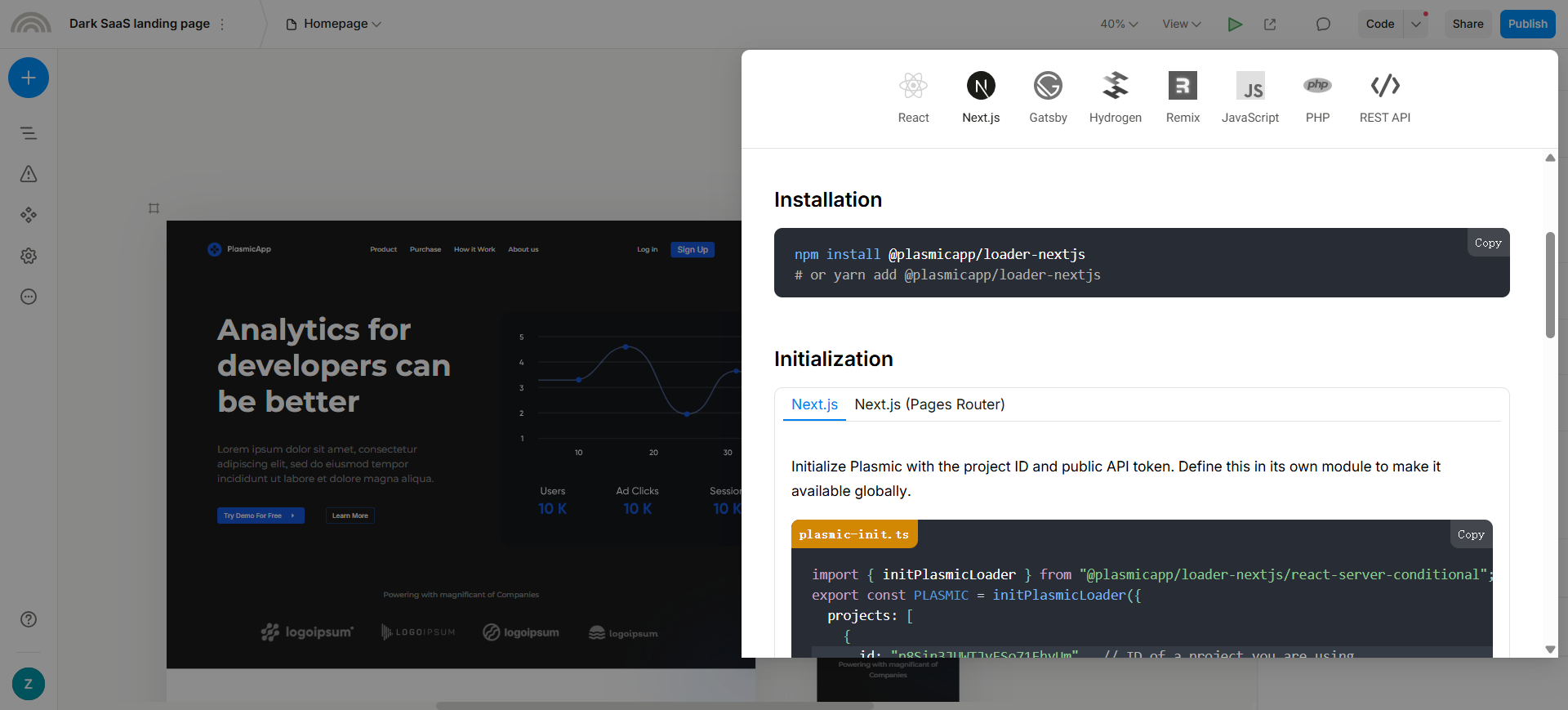 Plasmic Studio Code modal: Next.js loader install into an existing codebase