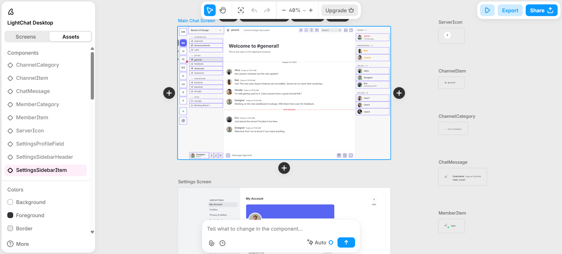Banani LightChat prototype with multi-screen canvas and component assets