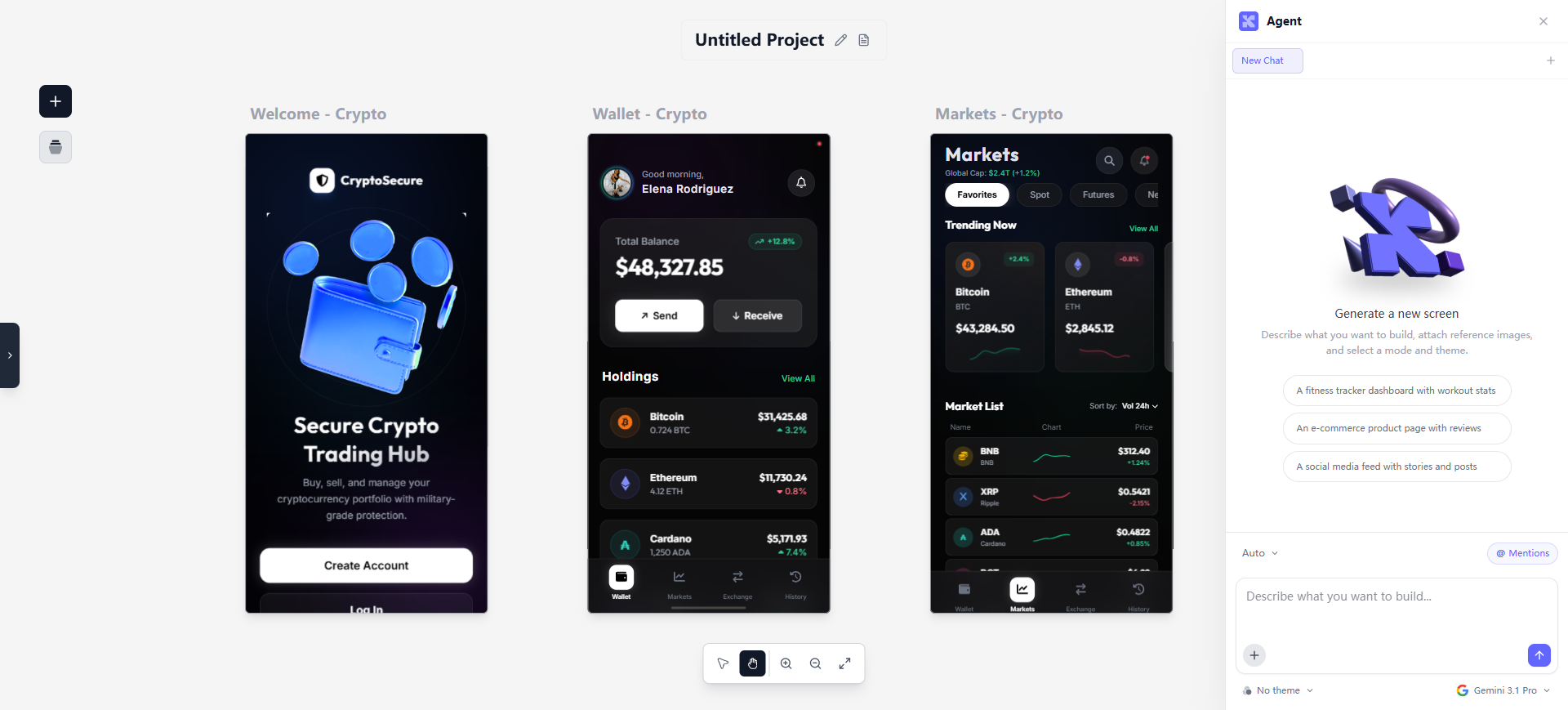 Komposo Agent chat with CryptoSecure mobile screens on the canvas