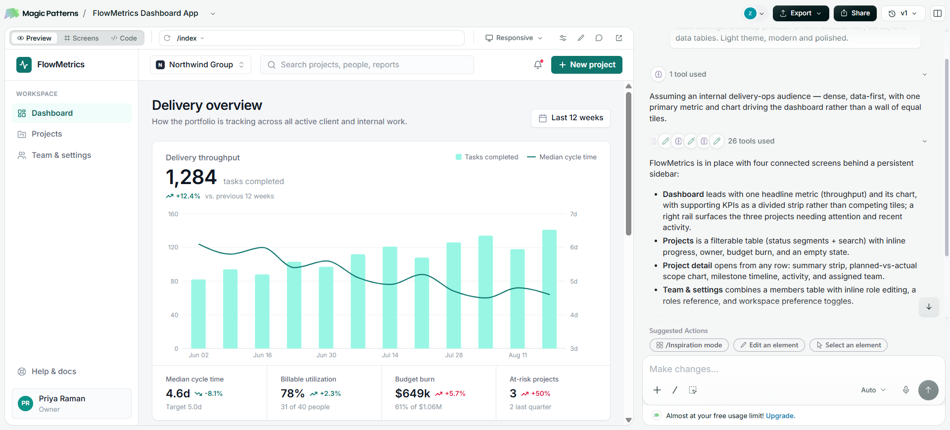 Magic Patterns FlowMetrics dashboard with AI iteration panel