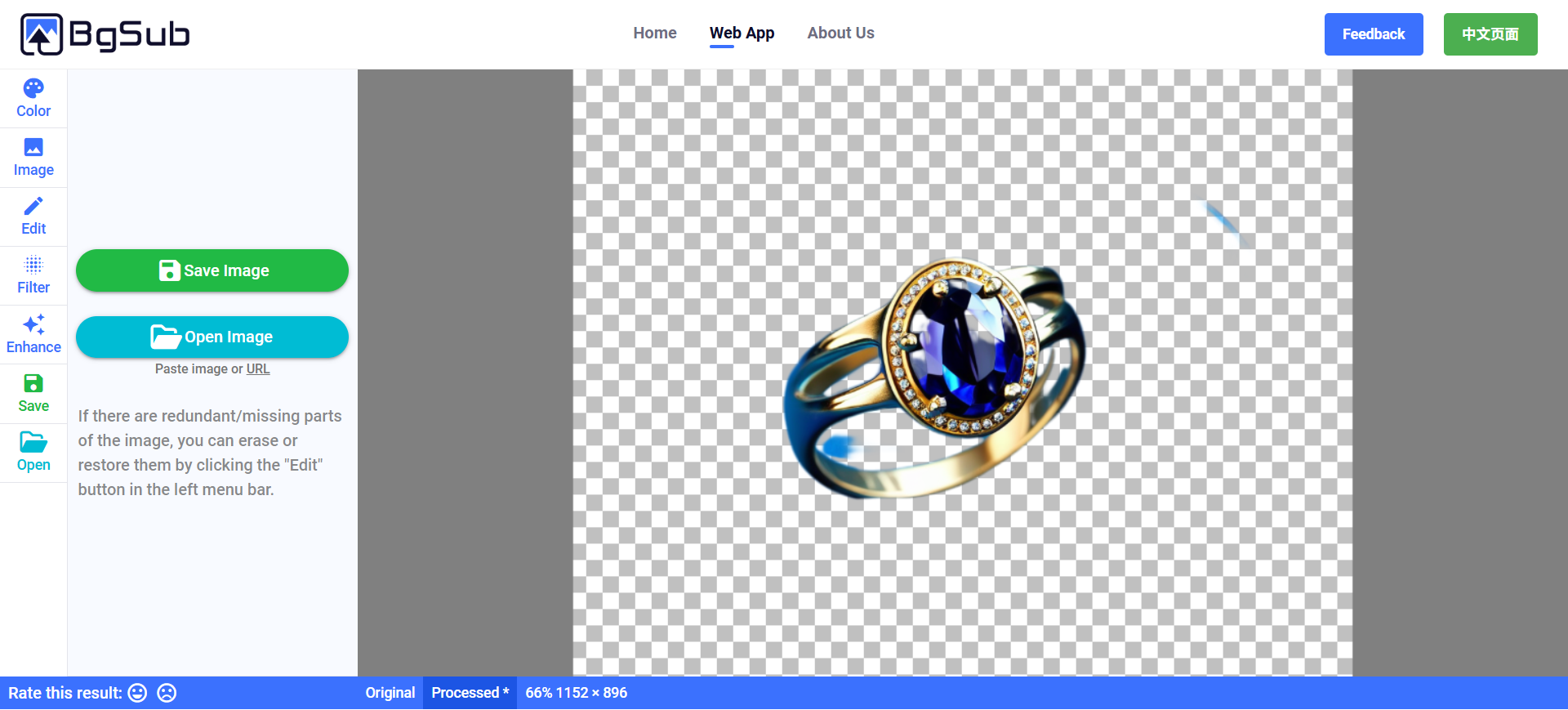 BgSub Web App: processed jewelry cutout on transparent checkerboard with Original/Processed toggle