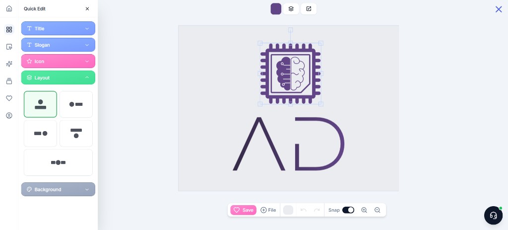 Brandmark Quick Edit canvas for layout and mark tweaks
