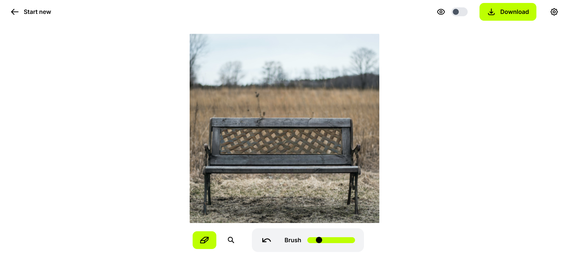 Cleanup.pictures editor after object removal—empty bench with Brush and Download controls