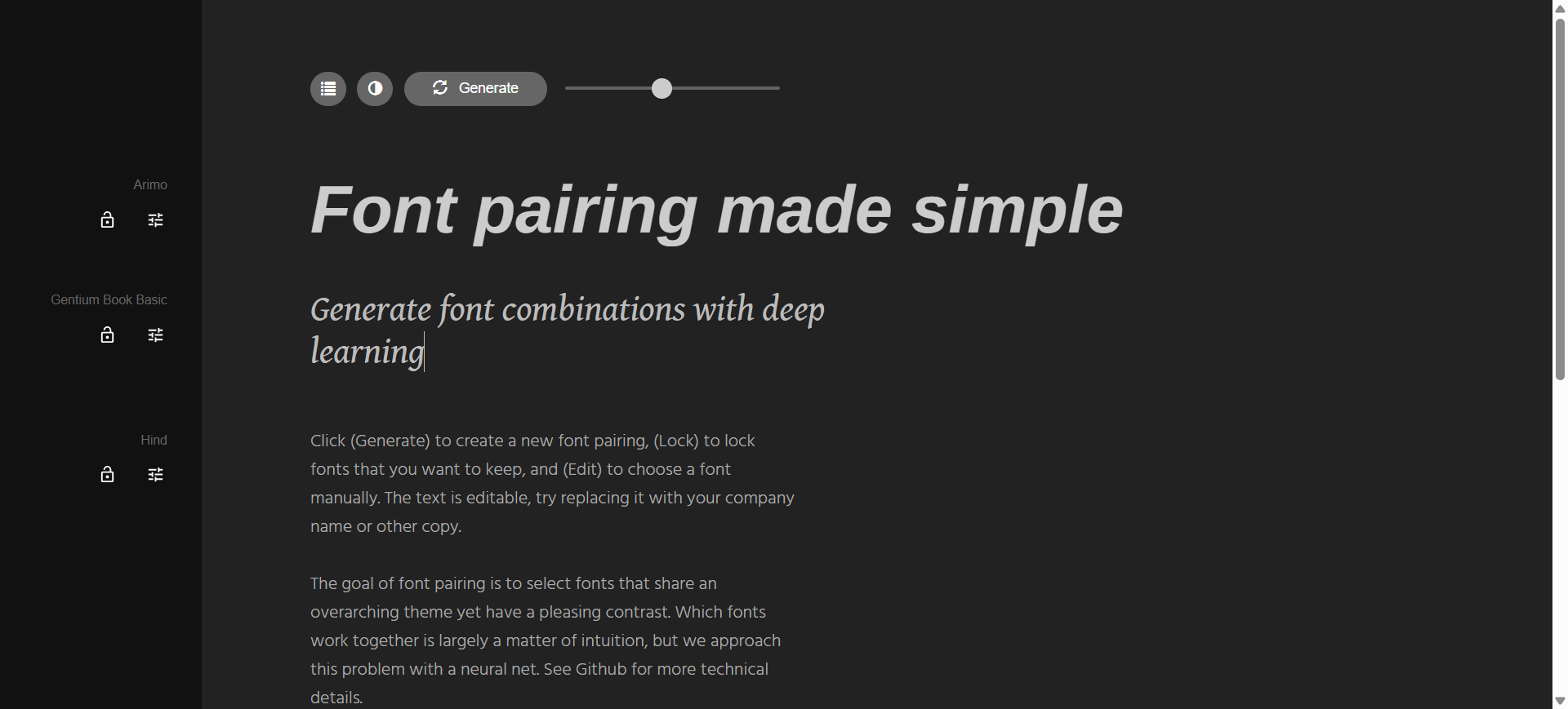 Fontjoy font pairing preview with Generate, Lock, and Edit controls